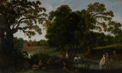 Landschap met een hofstoet voor Kasteel Abtspoel, 1619 door Esaias van de Velde